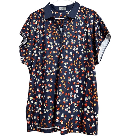 Callaway Blue Indigo Multi Floral Print Golf Shirt Sun Protection Fabric Sz- XL - Picture 1 of 9